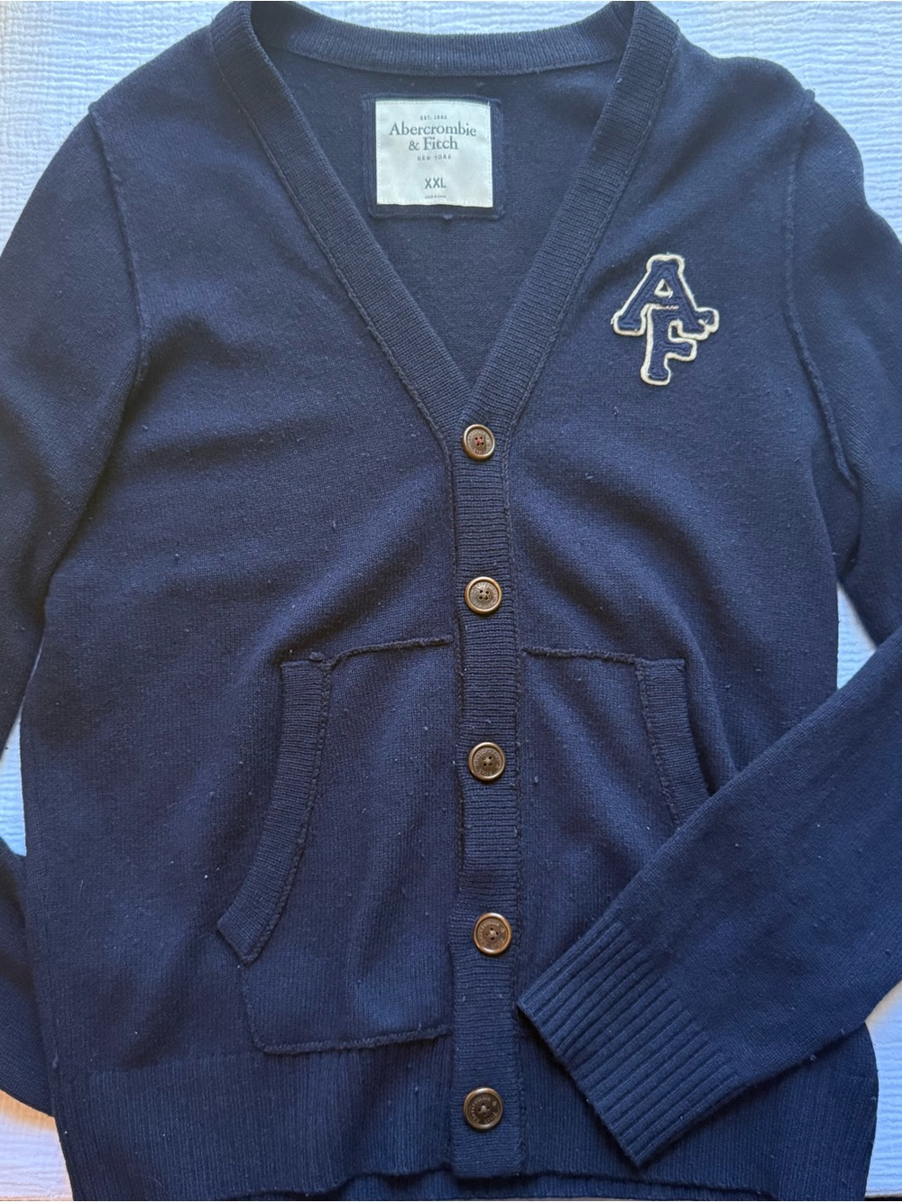 Abercrombie & Fitch Navy V‑Neck Button Cardigan with AF Patch